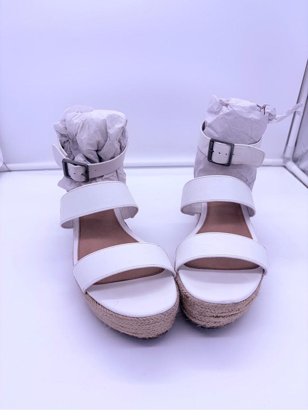 Women’s White Espadrille Platform Sandals with Ankle Buckle
